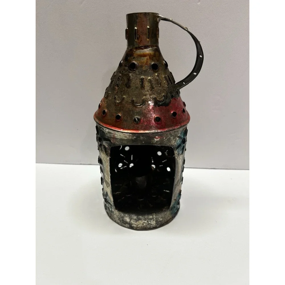 Vintage Handmade Mexican Punched Tin Lantern Luminary Folk Art Candle Holder